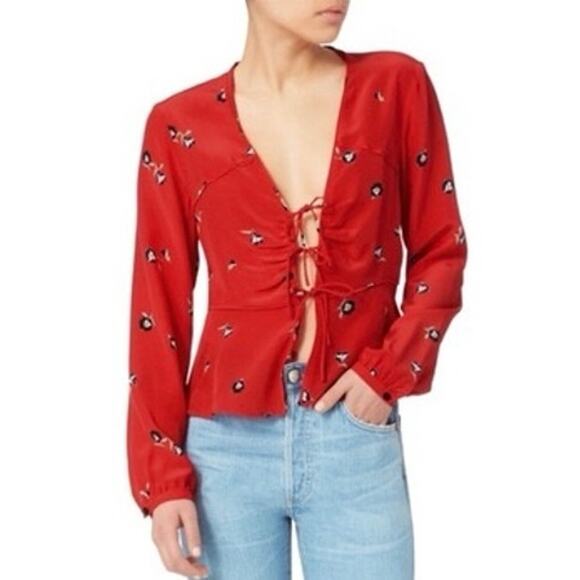 Intermix Red Floral Silk Tie Front Blouse Size 8 - Picture 2 of 12